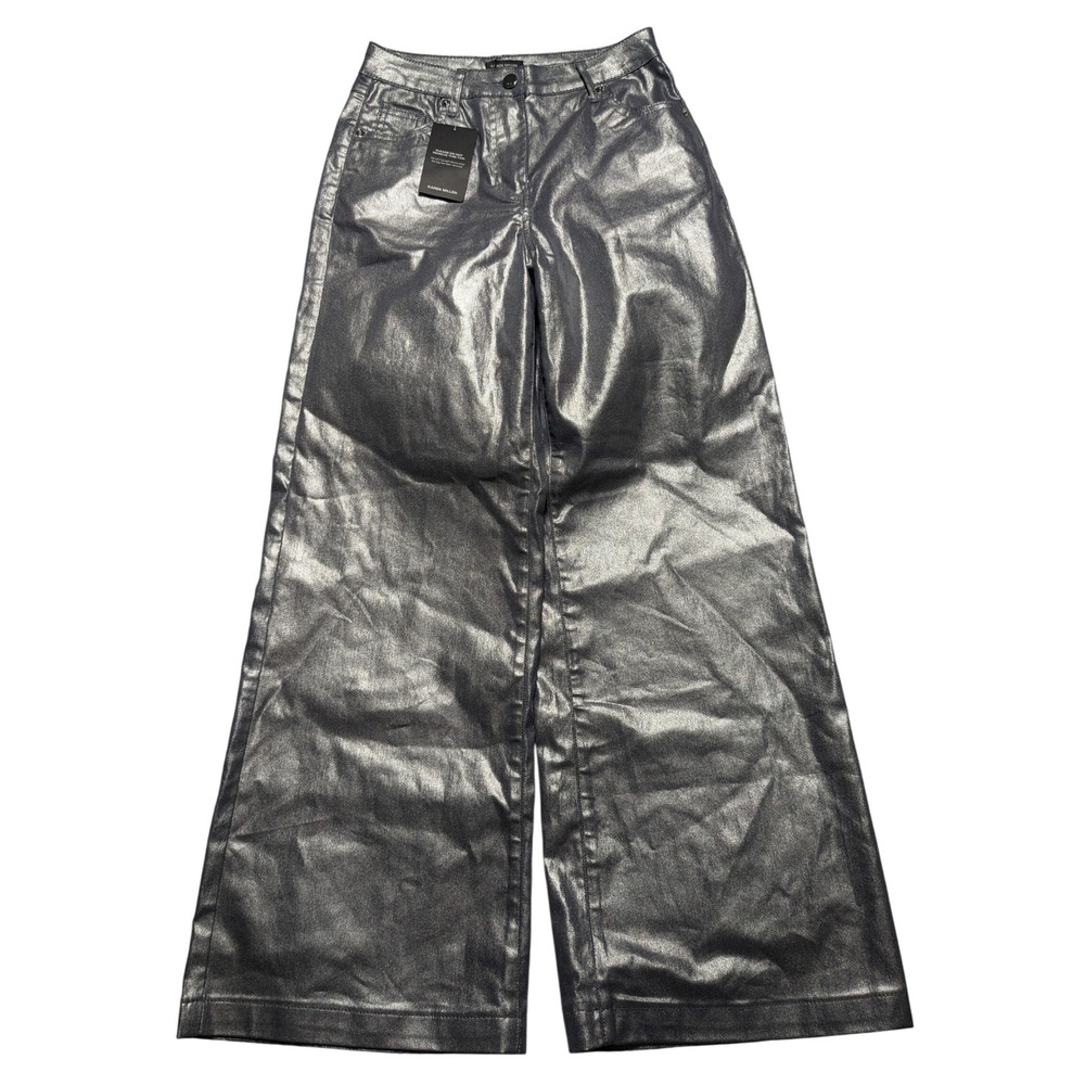 Karen Millen Silver Metallic Coated Denim Wide Leg Jeans Women US Size 4 NEW